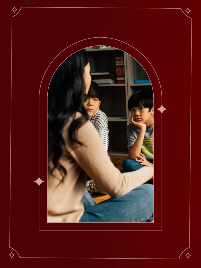 Window shape image children listening to teacher with red border