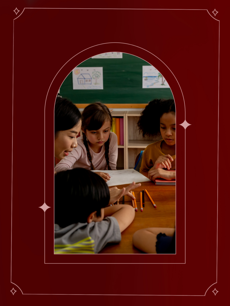 Window shape image of children watching the teacher in a classroom