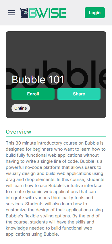 Screenshot of BWISE app course detail page on mobile.